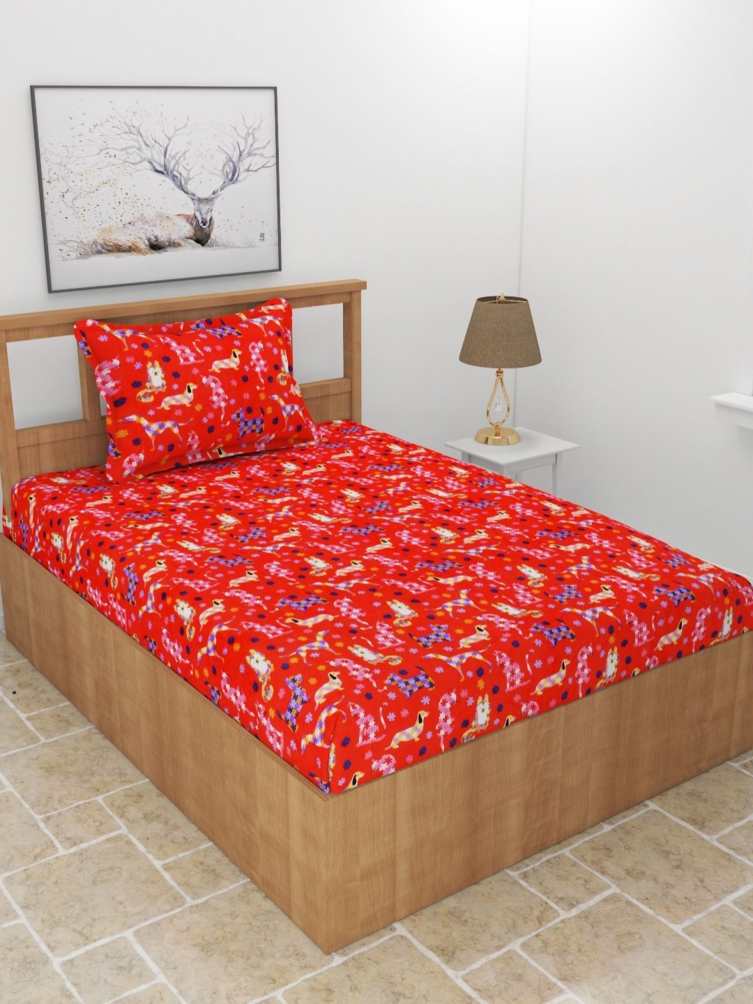 

BREVARD Red Conversational Printed Woolen 210 TC Single Bedsheet Set 2.28m x 1.52m