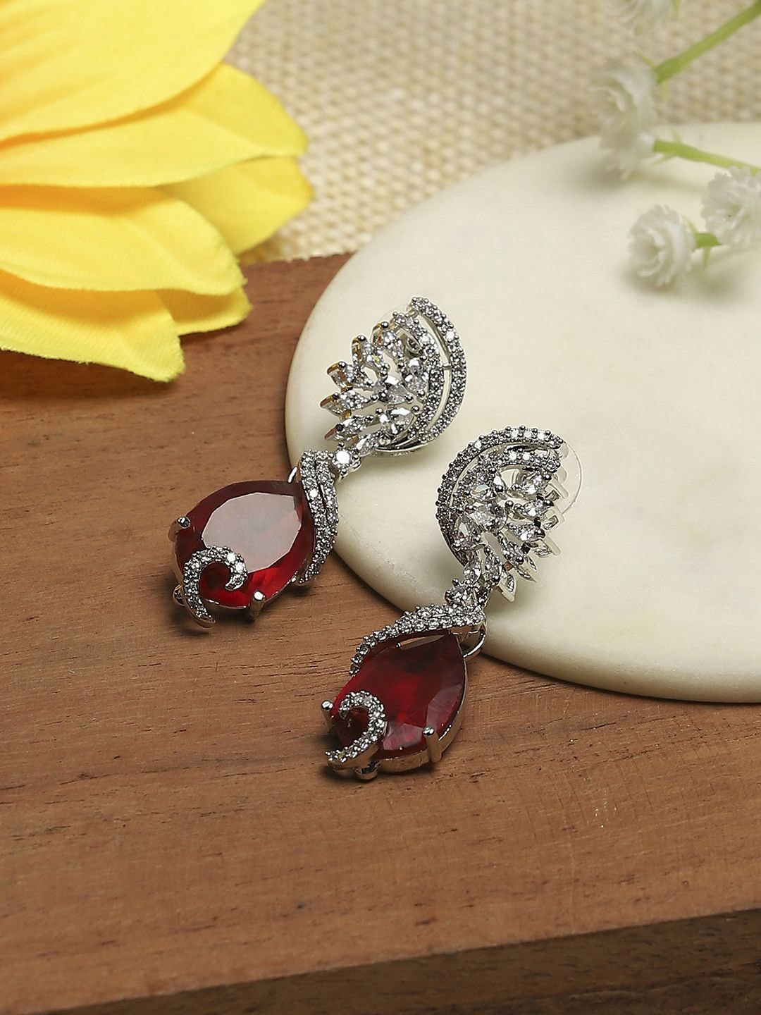 

Biba Brass Silver Plated Contemporary Shaped Drop Earrings, Red