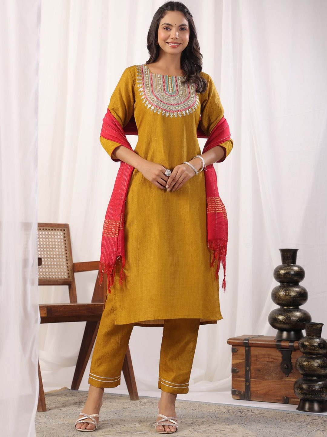 

KALINI Sequinned Embroidered Round Neck Kurta With Trousers & Dupatta, Mustard