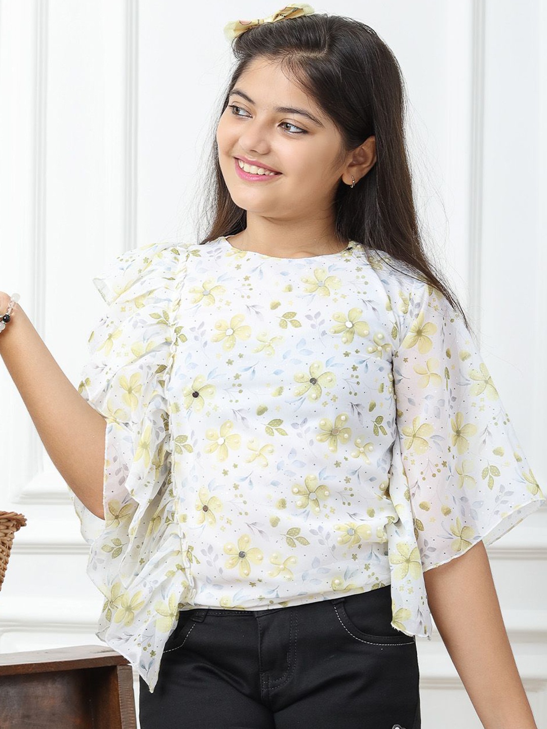 

Miss & Chief Floral Flared Sleeve Top, Yellow