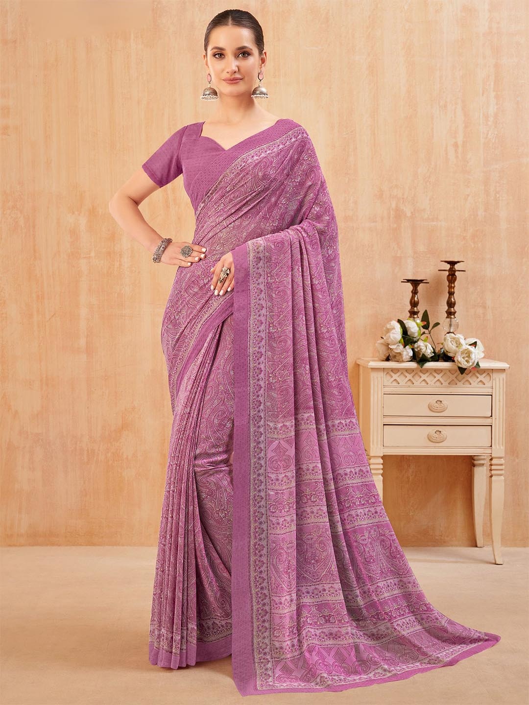 

Anouk Rustic Paisley Pure Georgette Dabu Saree, Purple