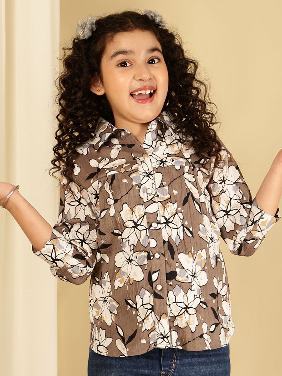 

Miss & Chief Girls Floral Printed Cuffed Sleeves Shirt Style Top, Brown