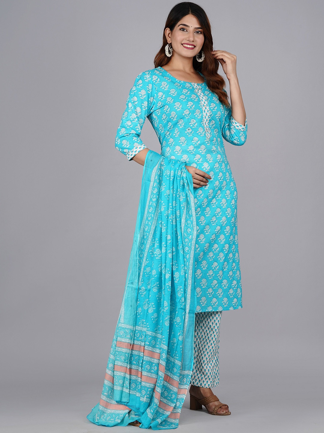 

Moda Rapido Floral Printed Straight Pure Cotton Kurta With Trousers And Dupatta, Turquoise blue
