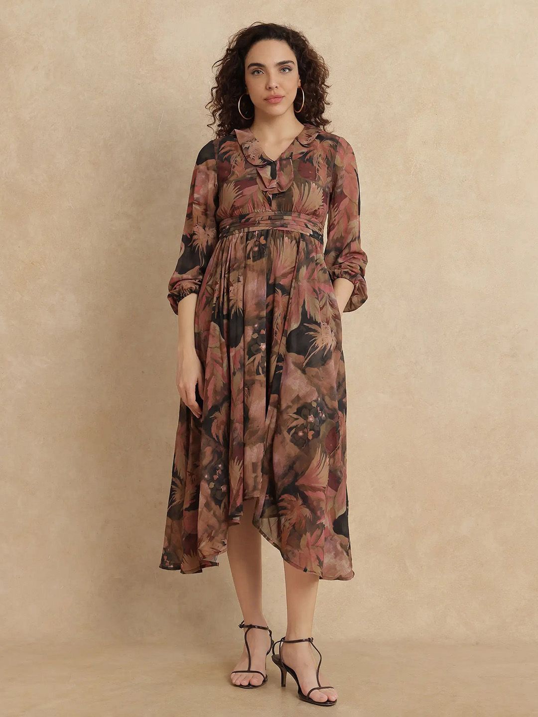 

RAREISM Print Bell Sleeve Fit & Flare Midi Dress, Green