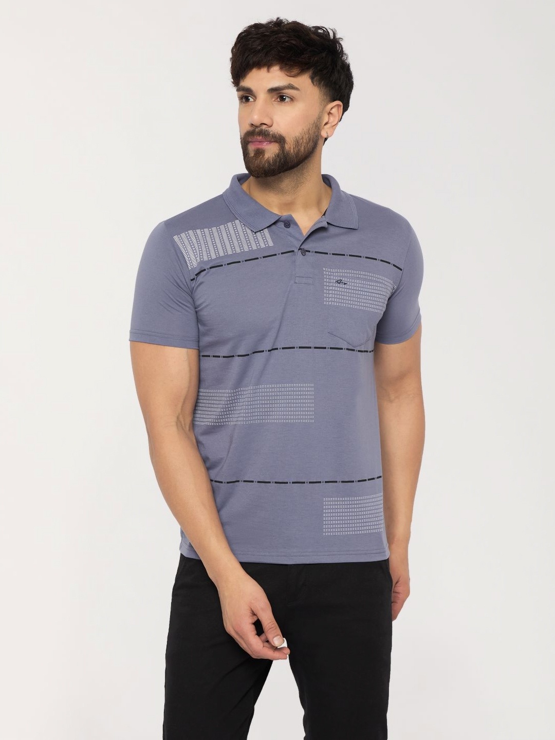 

ARRAY Men Striped Polo Collar Cotton Slim Fit T-shirt, Blue