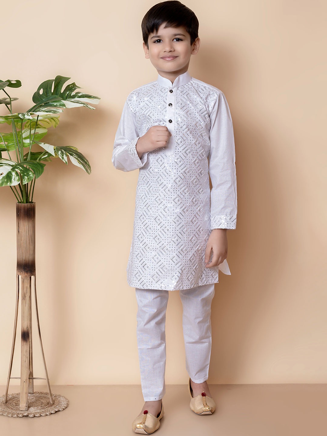 

Cae Boys Geometric Embroidered Mandarin Collar Sequinned Kurta With Pyjamas, White