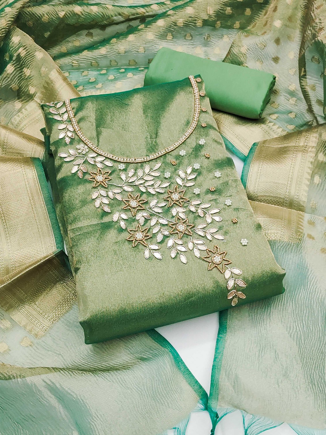 

SAINOOR Embellished Semi-Stitched Dress Material, Green
