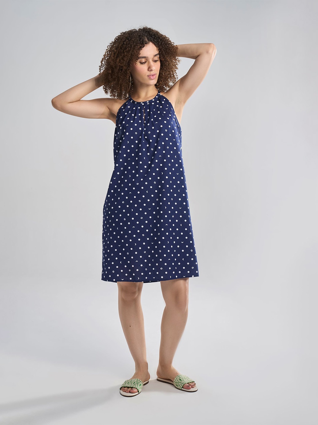 

Terra Luna Women Polka Dot Printed Tie Up Neck Sleeveless A-Line Dress, Blue