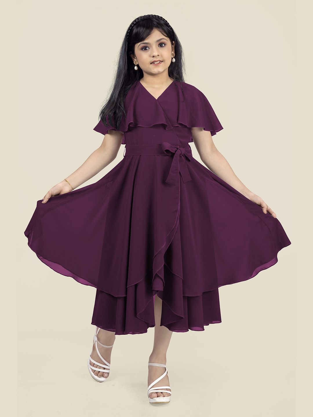 

YK Girls Flared Sleeve Georgette Fit & Flare Midi Dress, Maroon