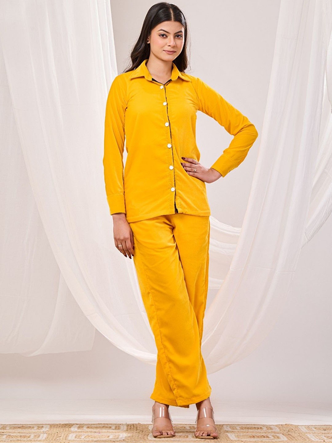 

Futra Gabha Shirt Collar Velvet Shirt With Trousers, Yellow