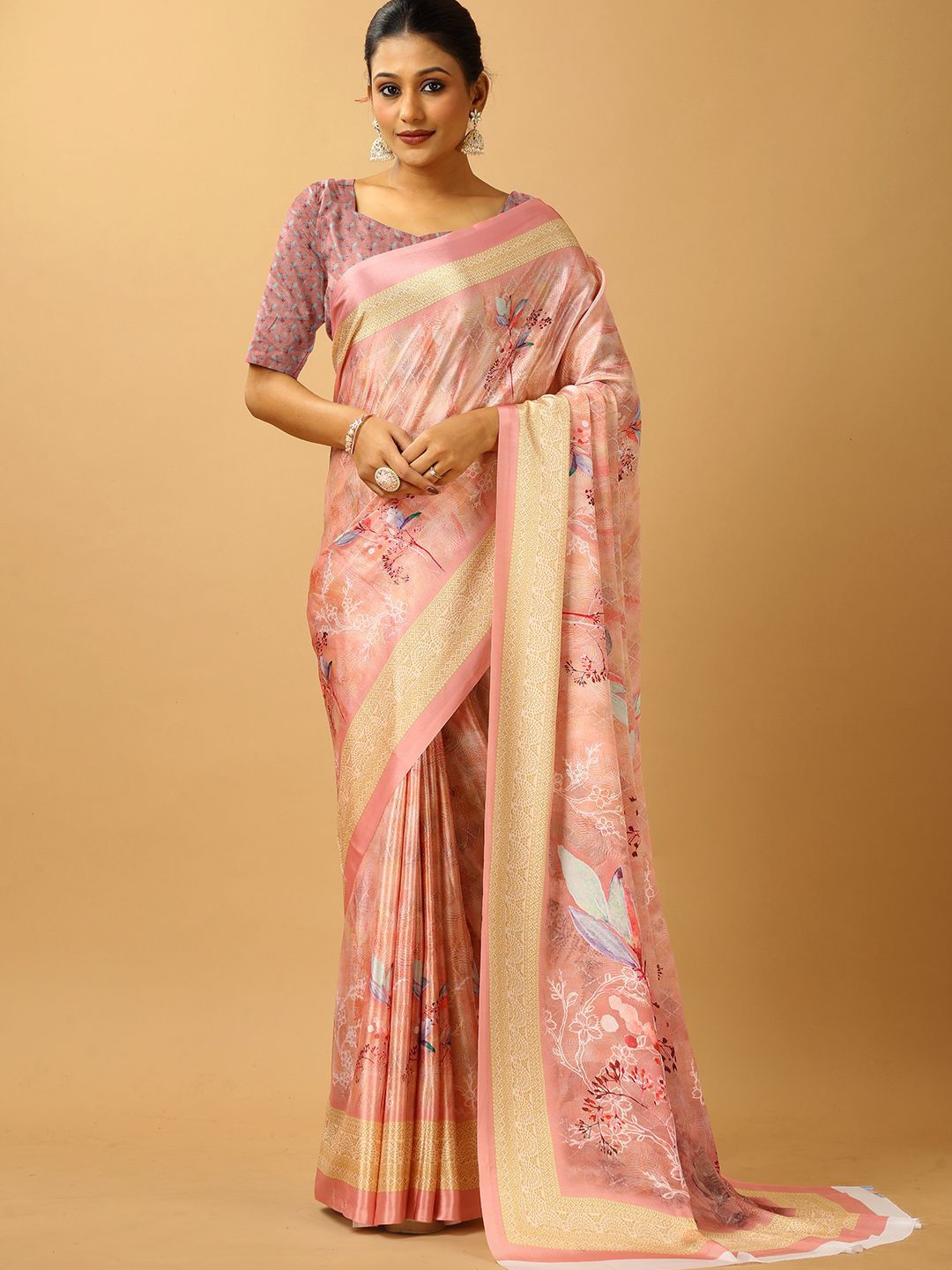 

VIRENDRA TEXTILES Floral Printed Woven Design Border Pure Crepe Saree, Orange