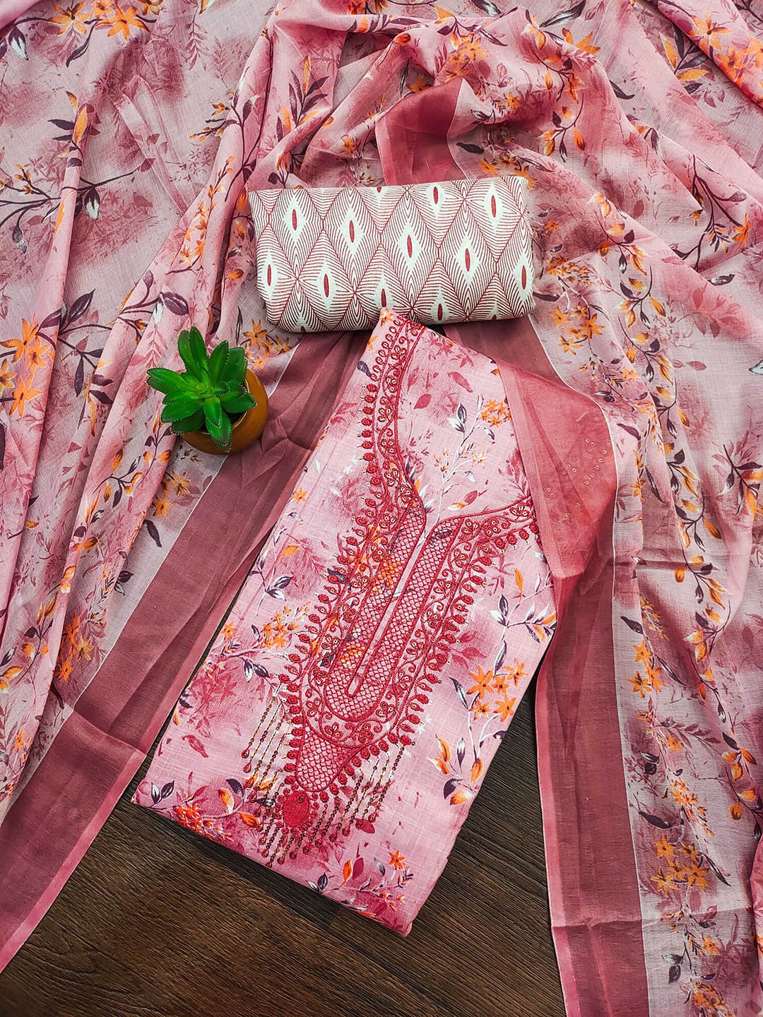 

SAINOOR Embroidered Pure Cotton Unstitched Dress Material, Pink