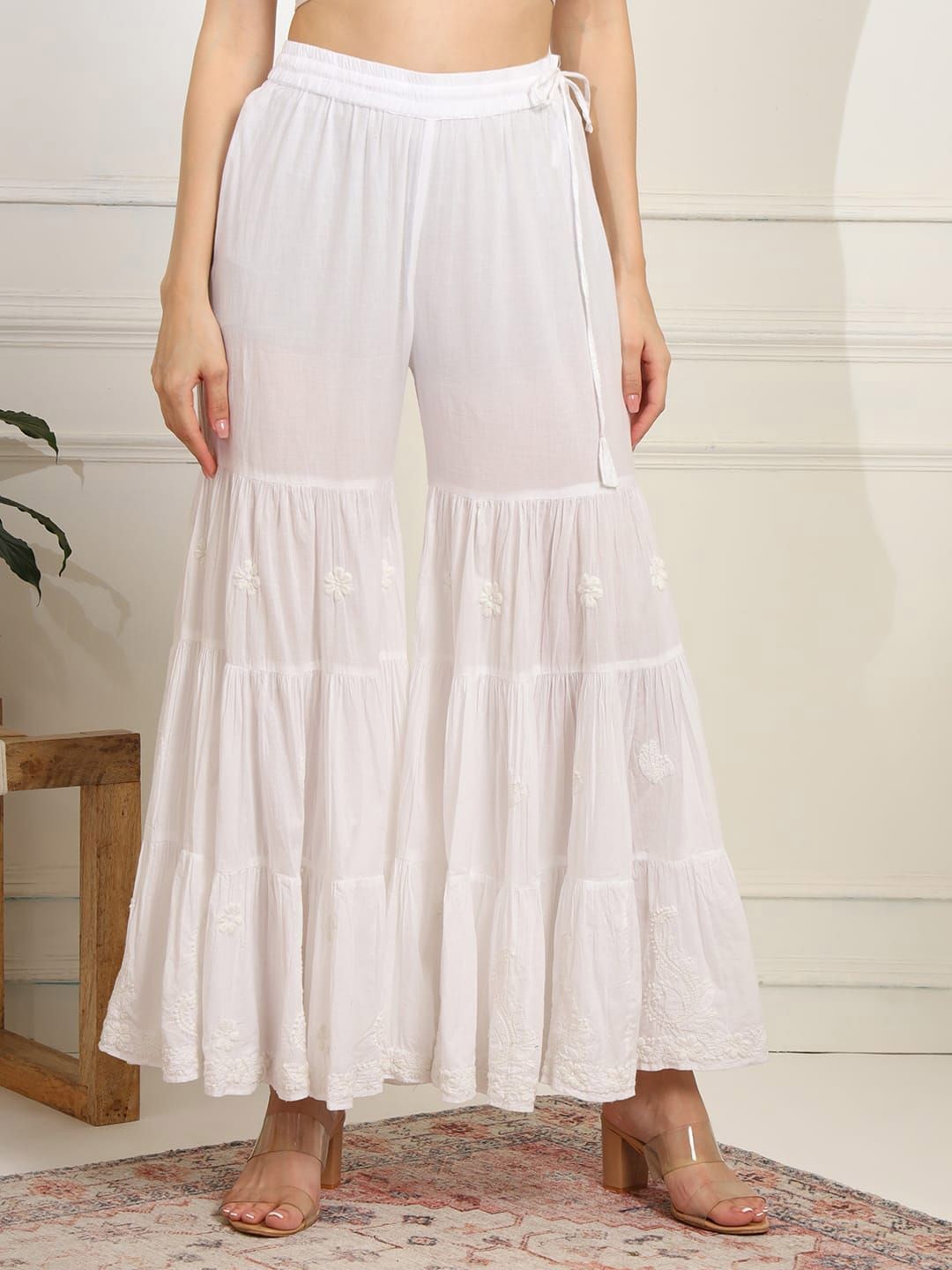 

SUFIZA LIFESTYLE Women Embroidered Flared-Fit Wide-Leg Trousers, White