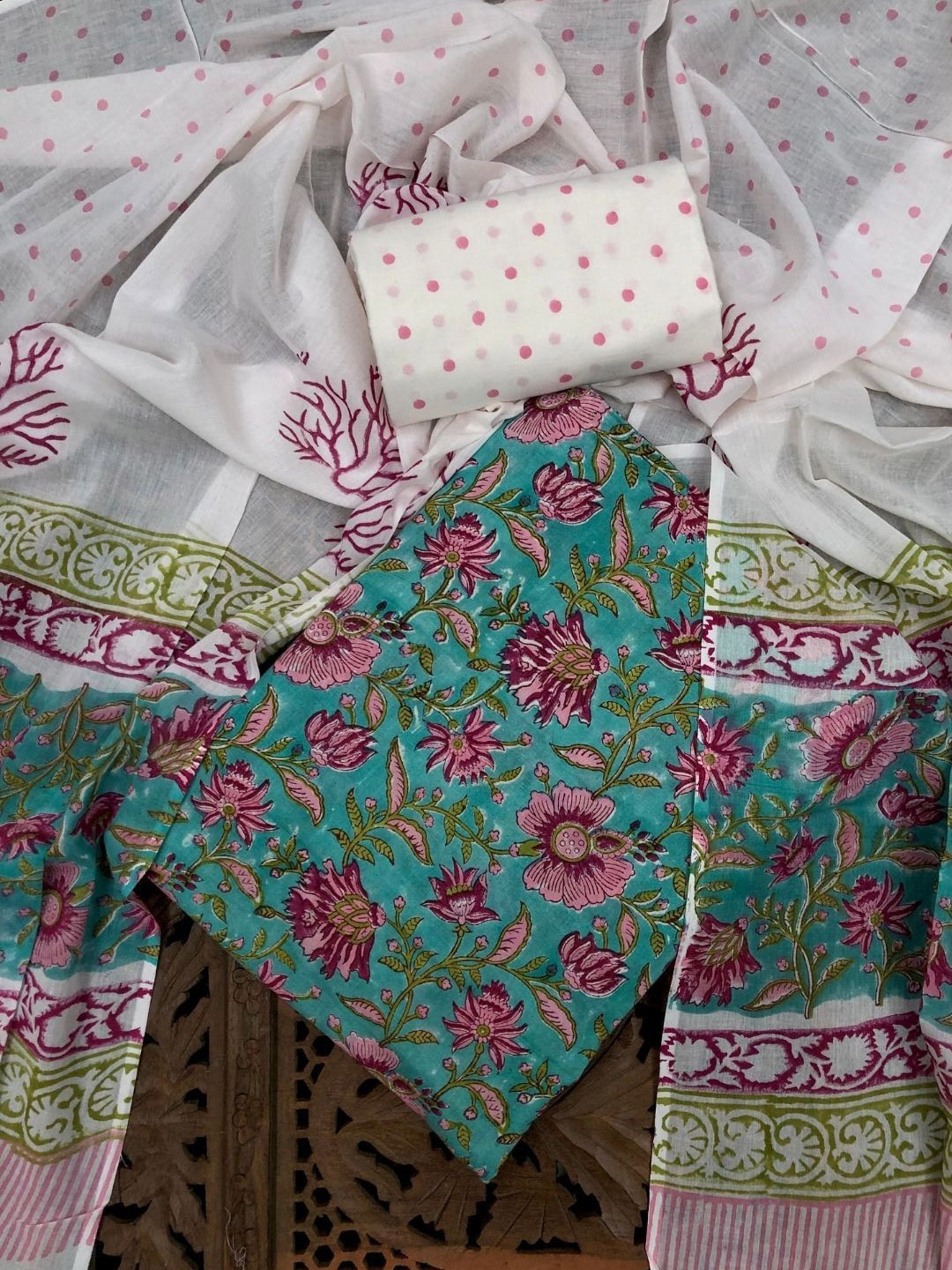 

PALASH Floral Block Printed Cotton Unstitched Dress Material, Green