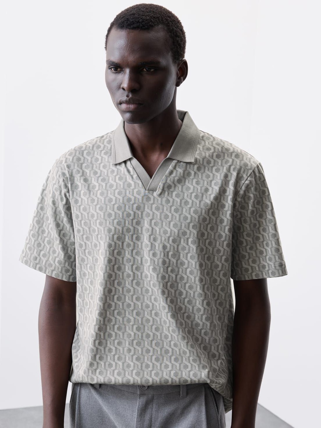 

Marks & Spencer Men Geometric Printed Polo Collar Cotton T-shirt, Grey