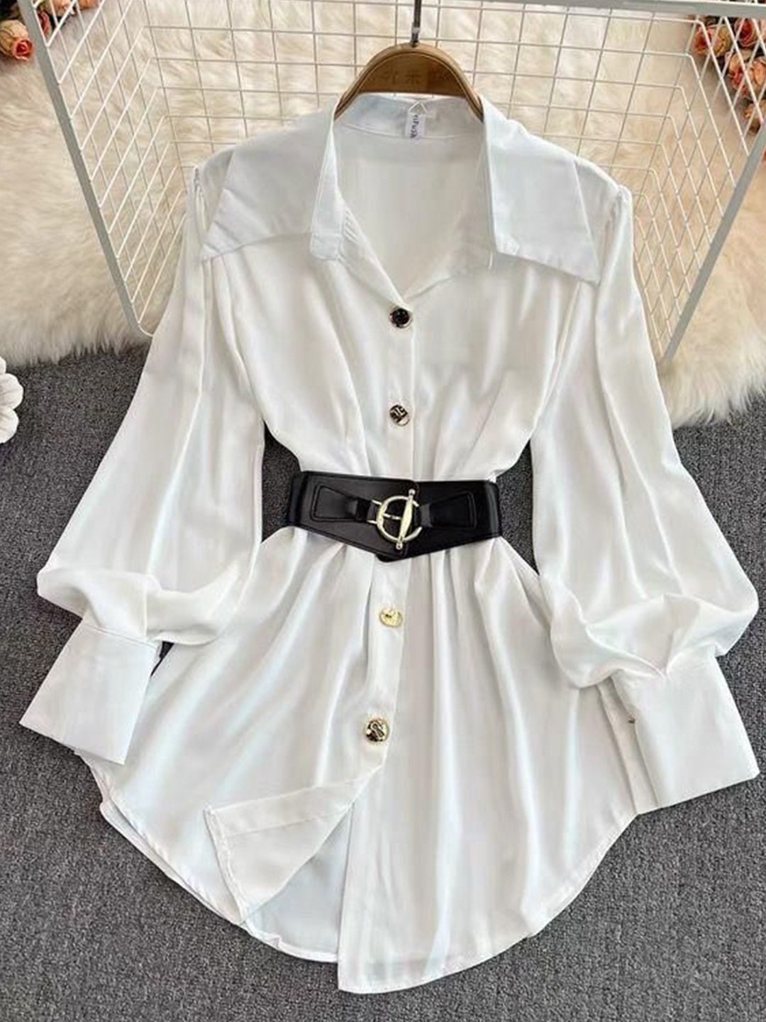 

Alamode By Akanksha White Locaste Statement Shirt With Belt