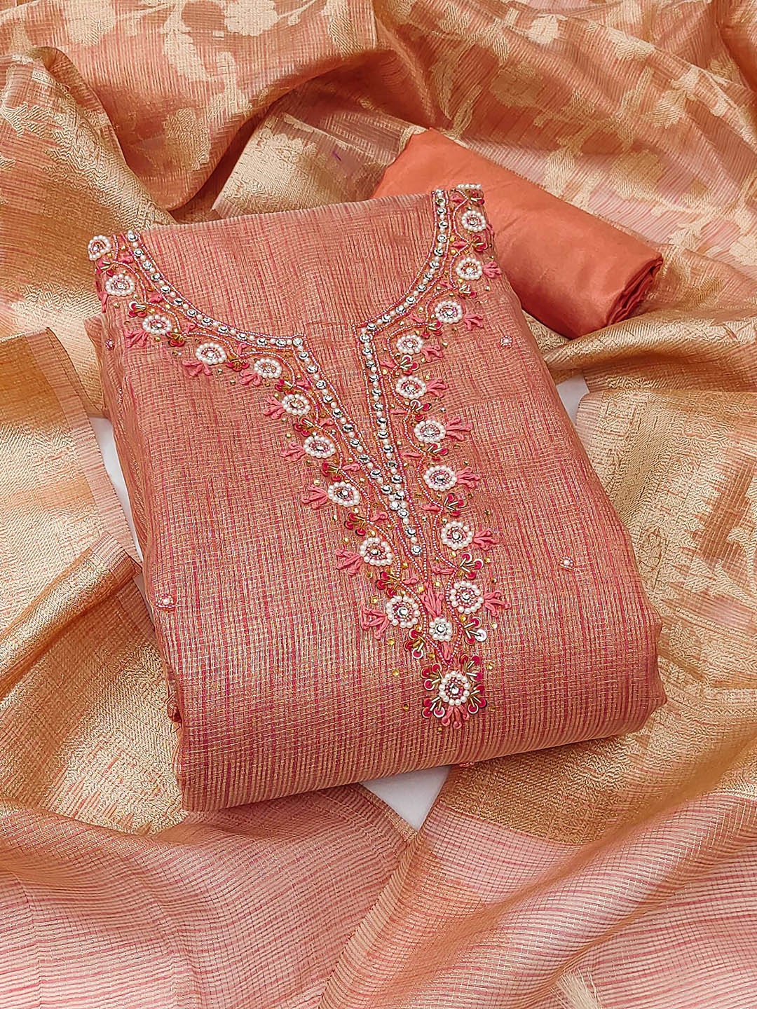 

SAINOOR Floral Beads And Stones Embellished Semi-Stitched Dress Material, Peach