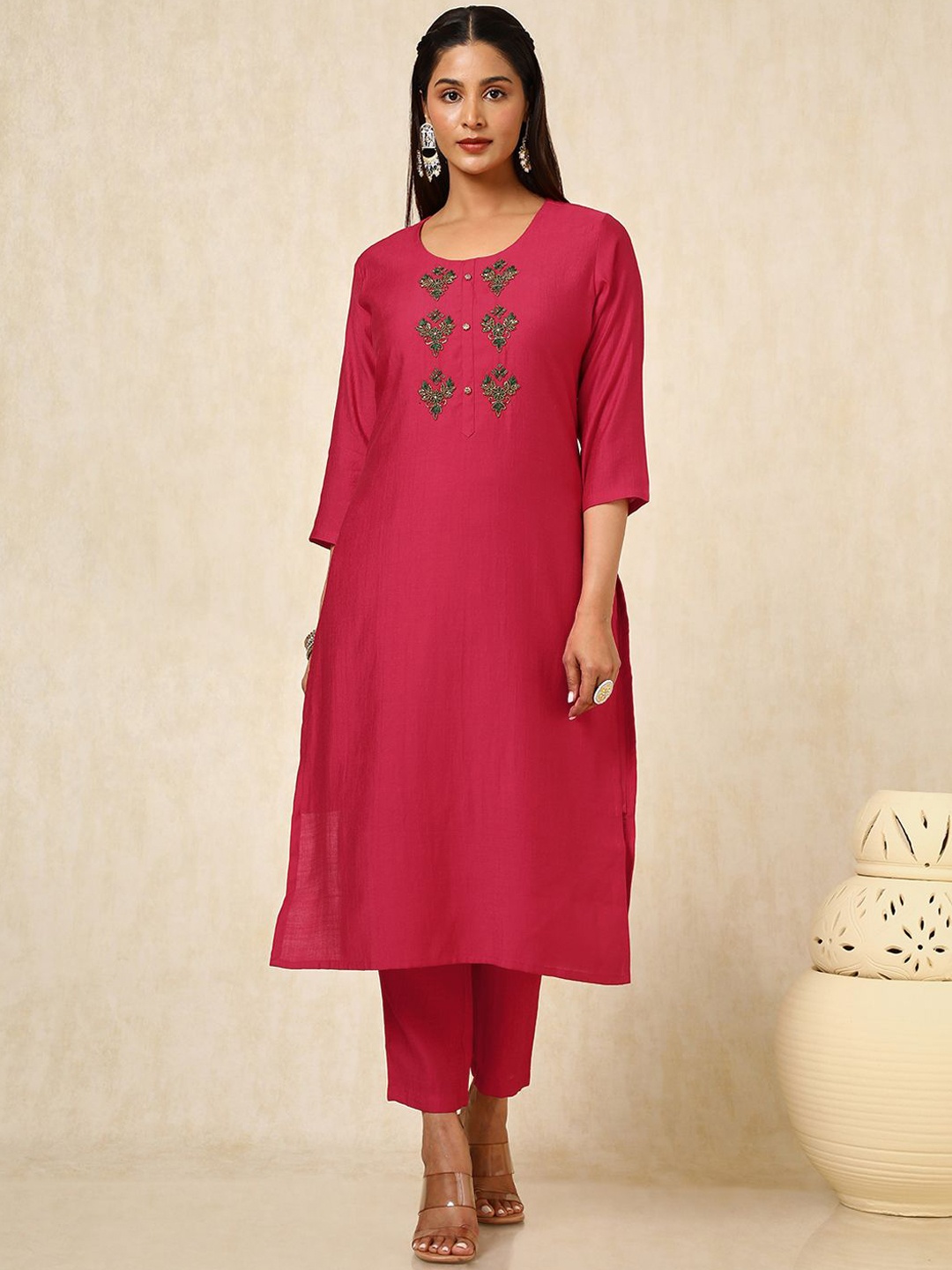 

Soch Floral Yoke Design Round Neck Beads Work Straight Kurta With Trouser, Red