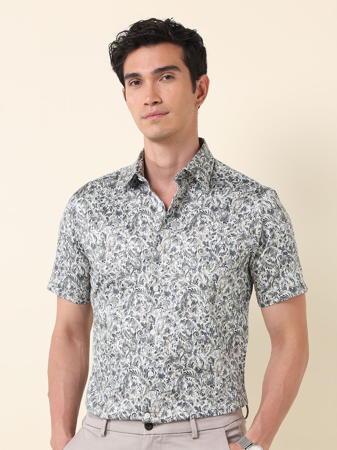 

U.S. Polo Assn. Men Classic Tailored Fit Floral Opaque Printed Formal Shirt, Grey