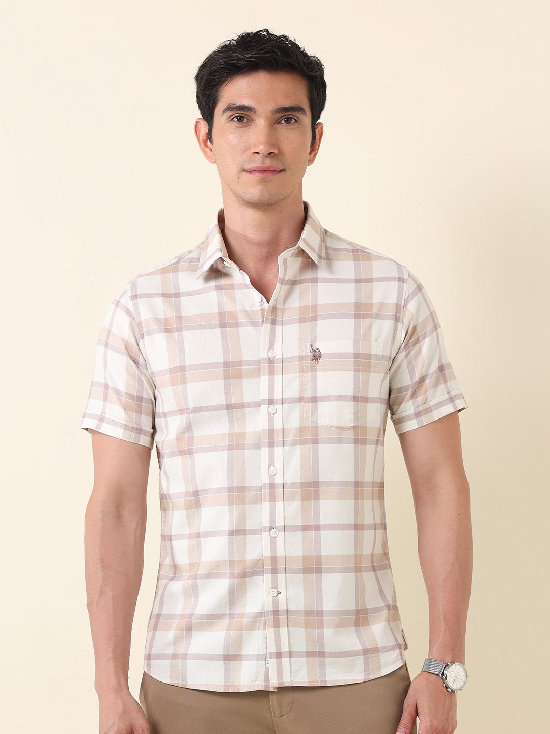 

U.S. Polo Assn. Men Classic Tailored Fit Opaque Checked Casual Shirt, Beige