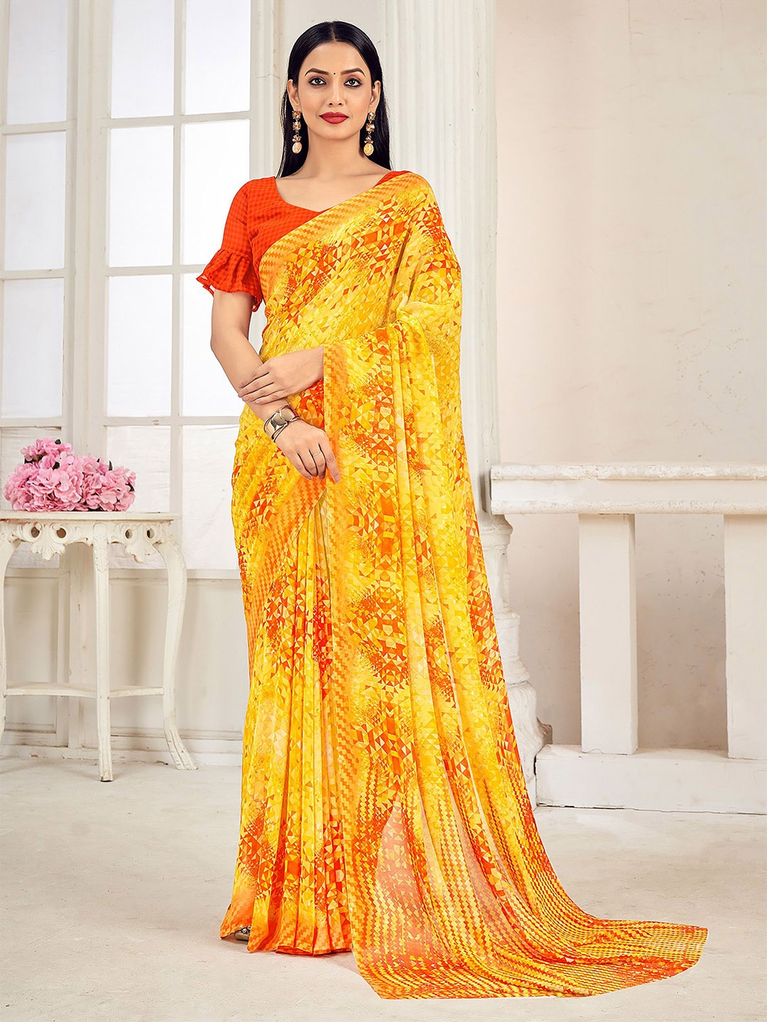 

Anouk Rustic Abstract Printed Pure Georgette Saree, Orange