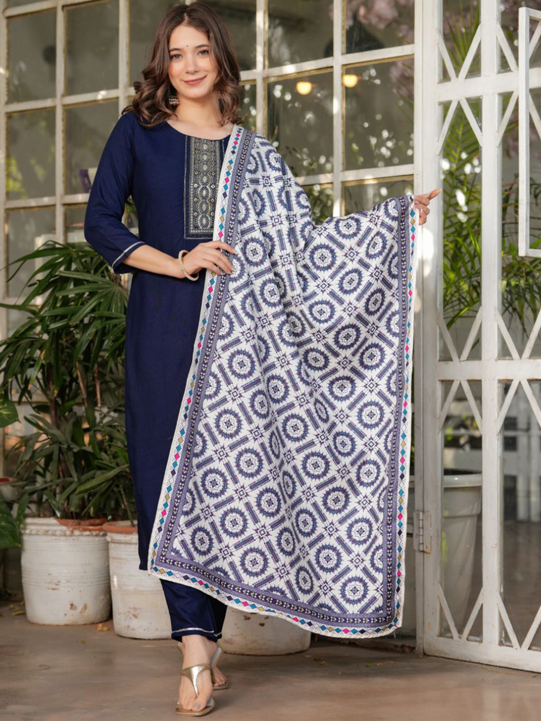 

Lilots Floral Yoke Design Round Neck Sequinned Kurta With Trouser & Dupatta, Navy blue