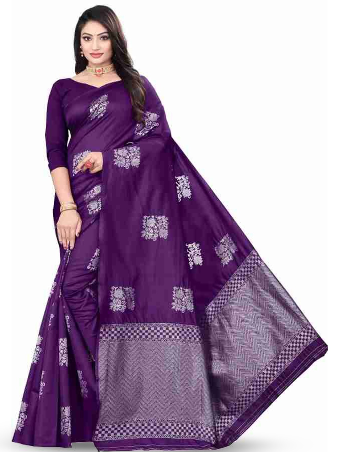 

JULEE Woven Design Pure Silk Banarasi Saree With Unstitched Blouse Piece, Purple