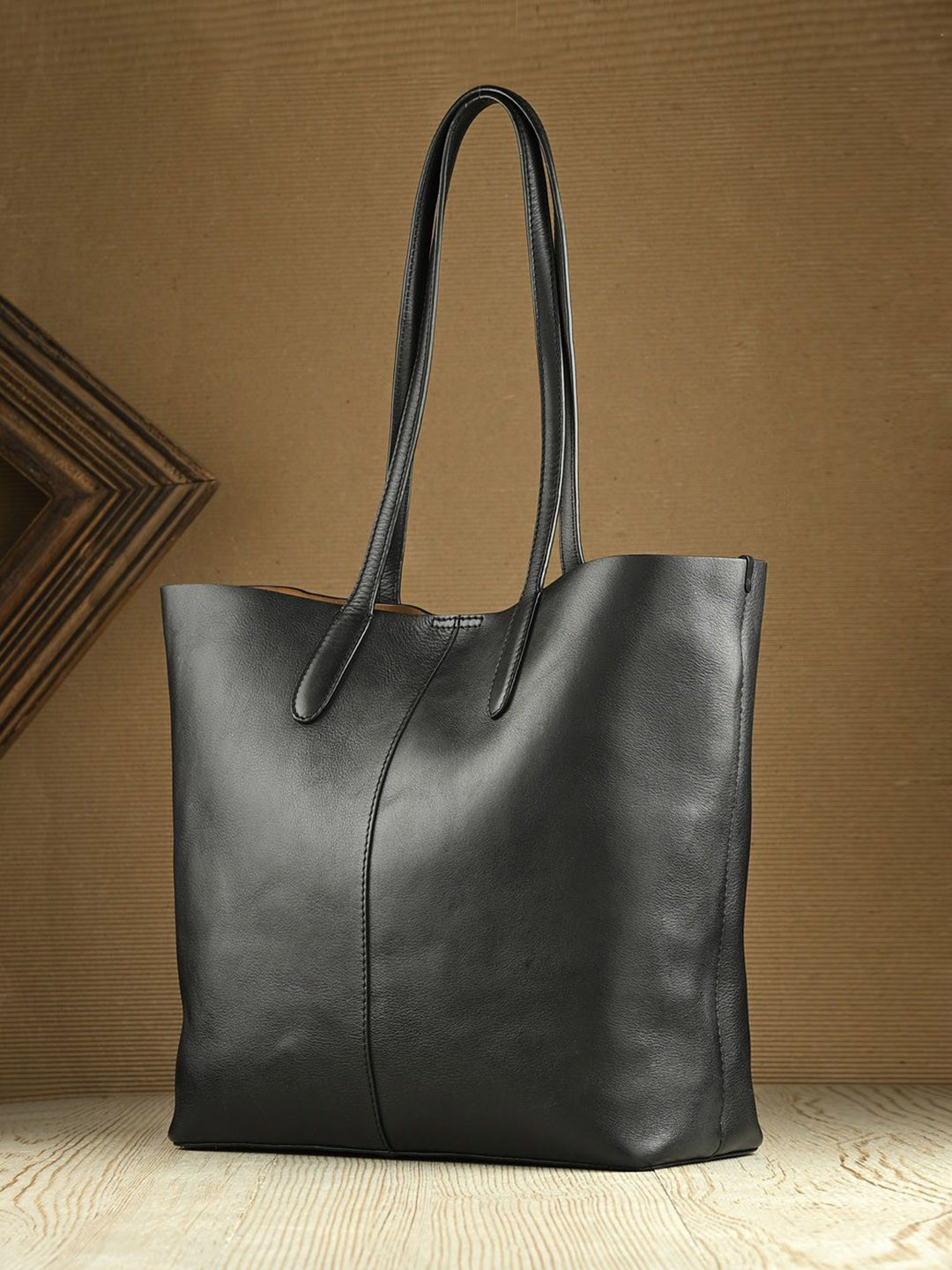 

Overdrive Leather Oversized Shopper Tote Bag with Cut Work, Black