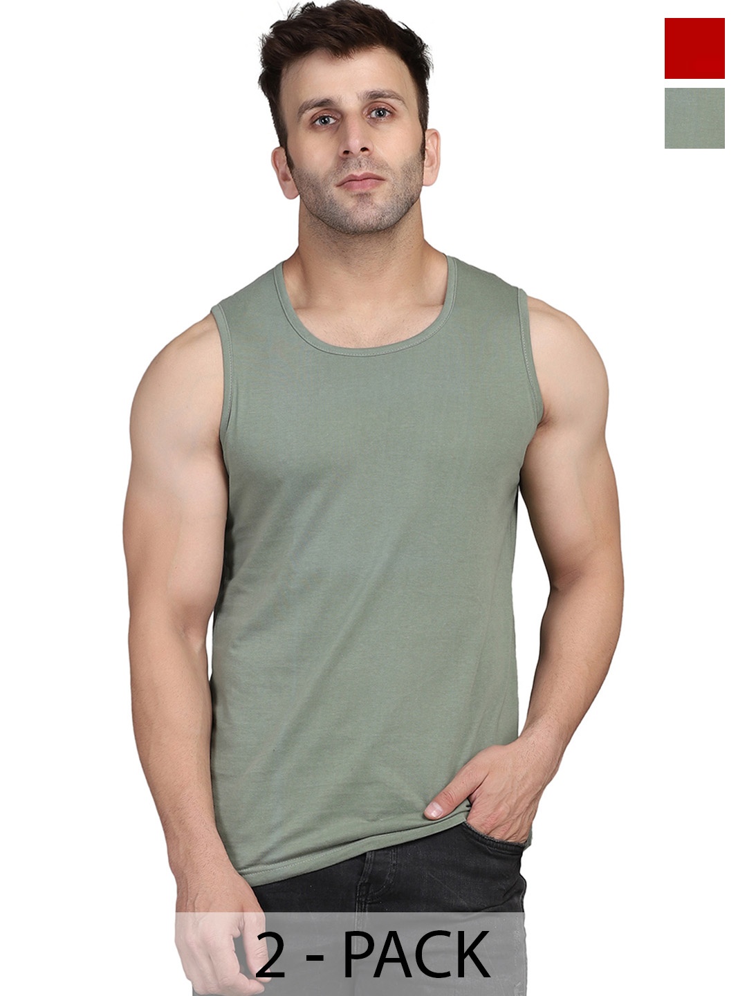 

WOOSTRO Men Pack Of 2 Solid Round Neck Cotton Slim Fit T-shirts, Green