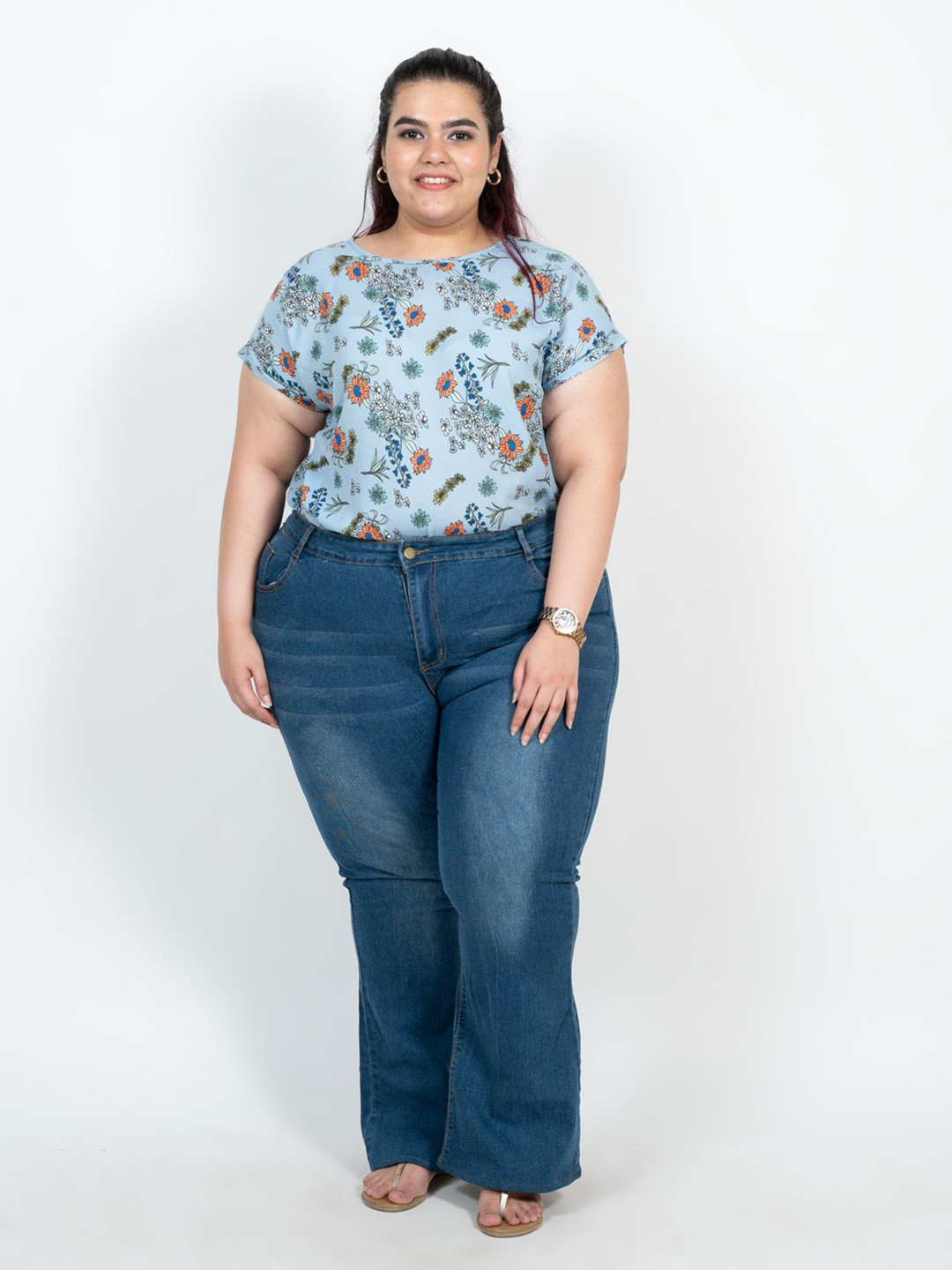 

XOXO Cherry Women Plus Size Floral Printed Round Neck Short Sleeves Regular Top, Blue