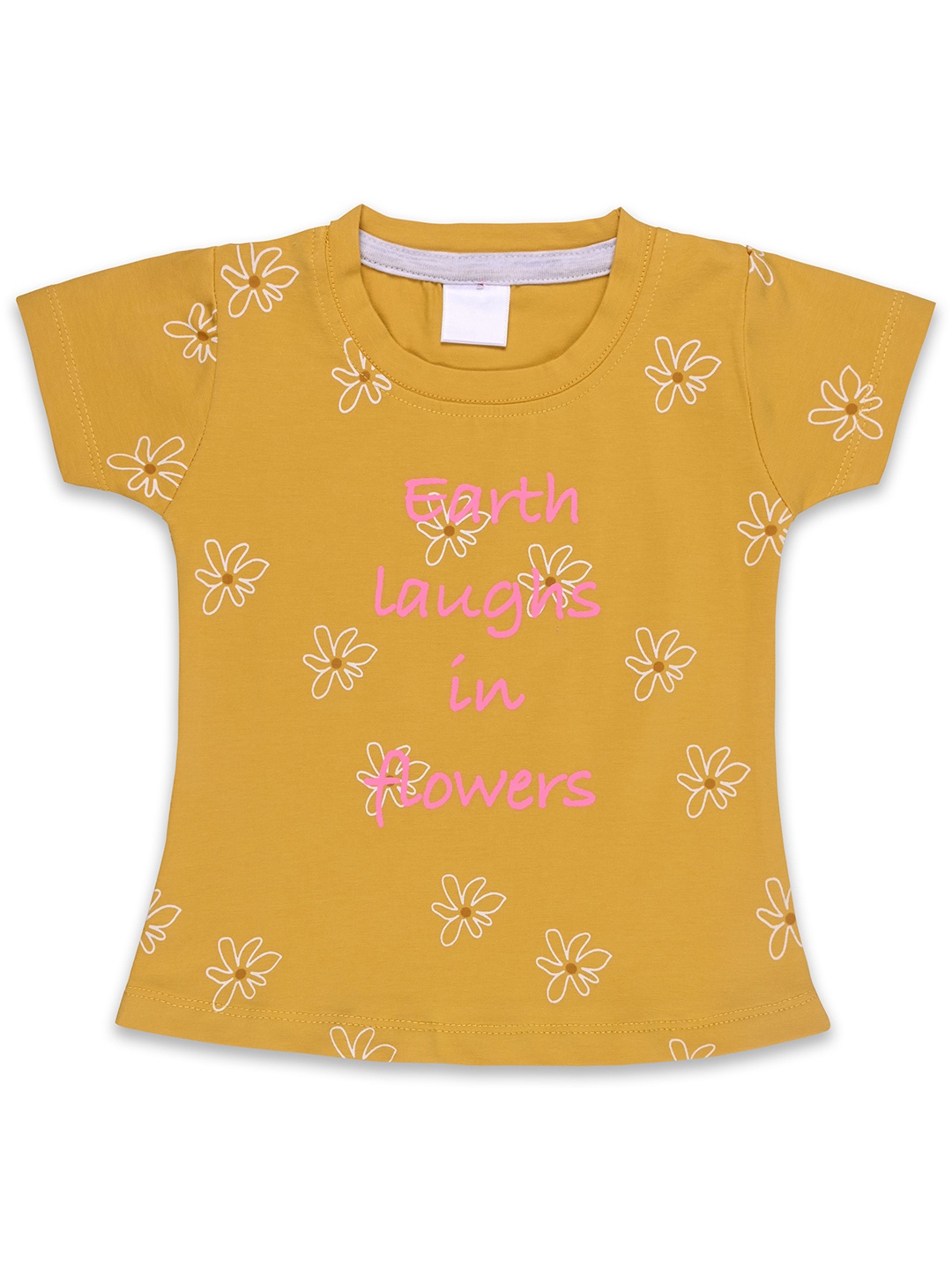 

Wish Karo Girls Floral Printed Round Neck Cotton T-shirt, Mustard