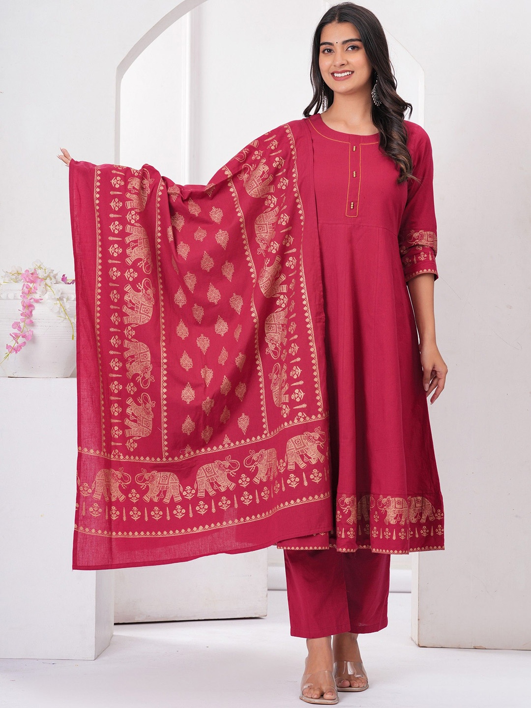 

PINGAKSH Ethnic Motifs Printed Pure Cotton A-Line Kurta With Trouser And Dupatta, Pink