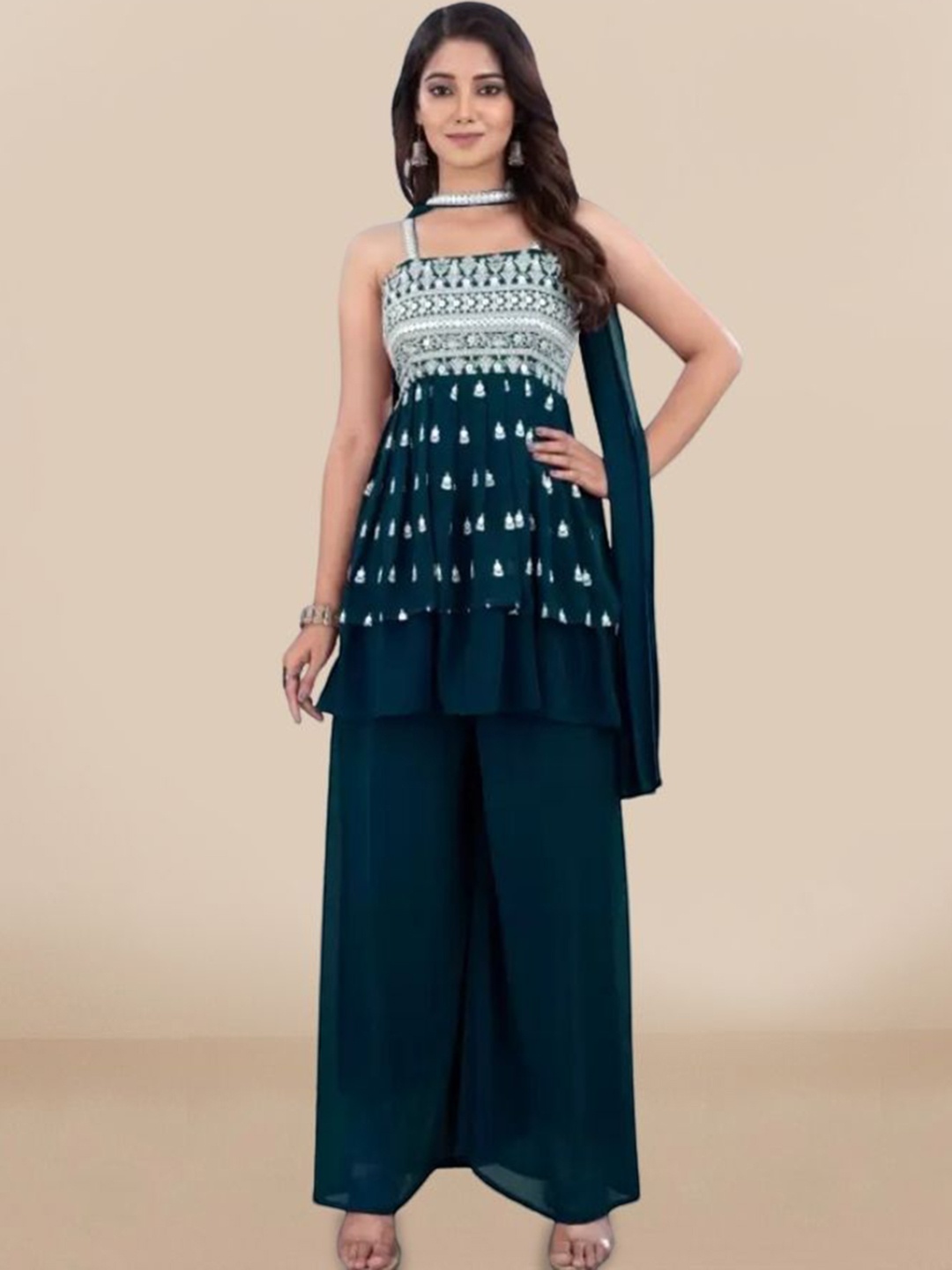 

PARROT CREATION Geometric Embroidered Sequinned A-Line Kurti with Sharara & Dupatta, Turquoise blue