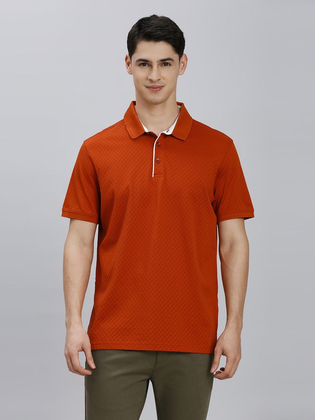 

Reid & Taylor Men Self Design Polo Collar Cotton T-shirt, Tan