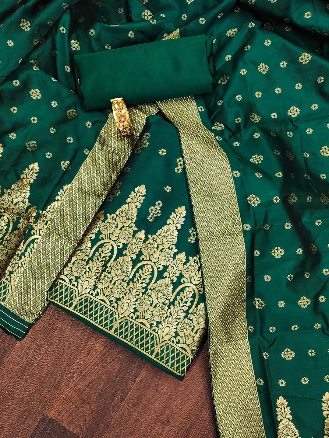 

SAINOOR Floral Woven Design Zari Unstitched Dress Material, Olive