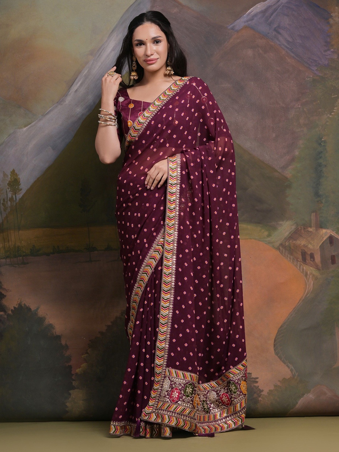 

DIVASTRI Polka Dots Printed Embroidered Saree, Purple