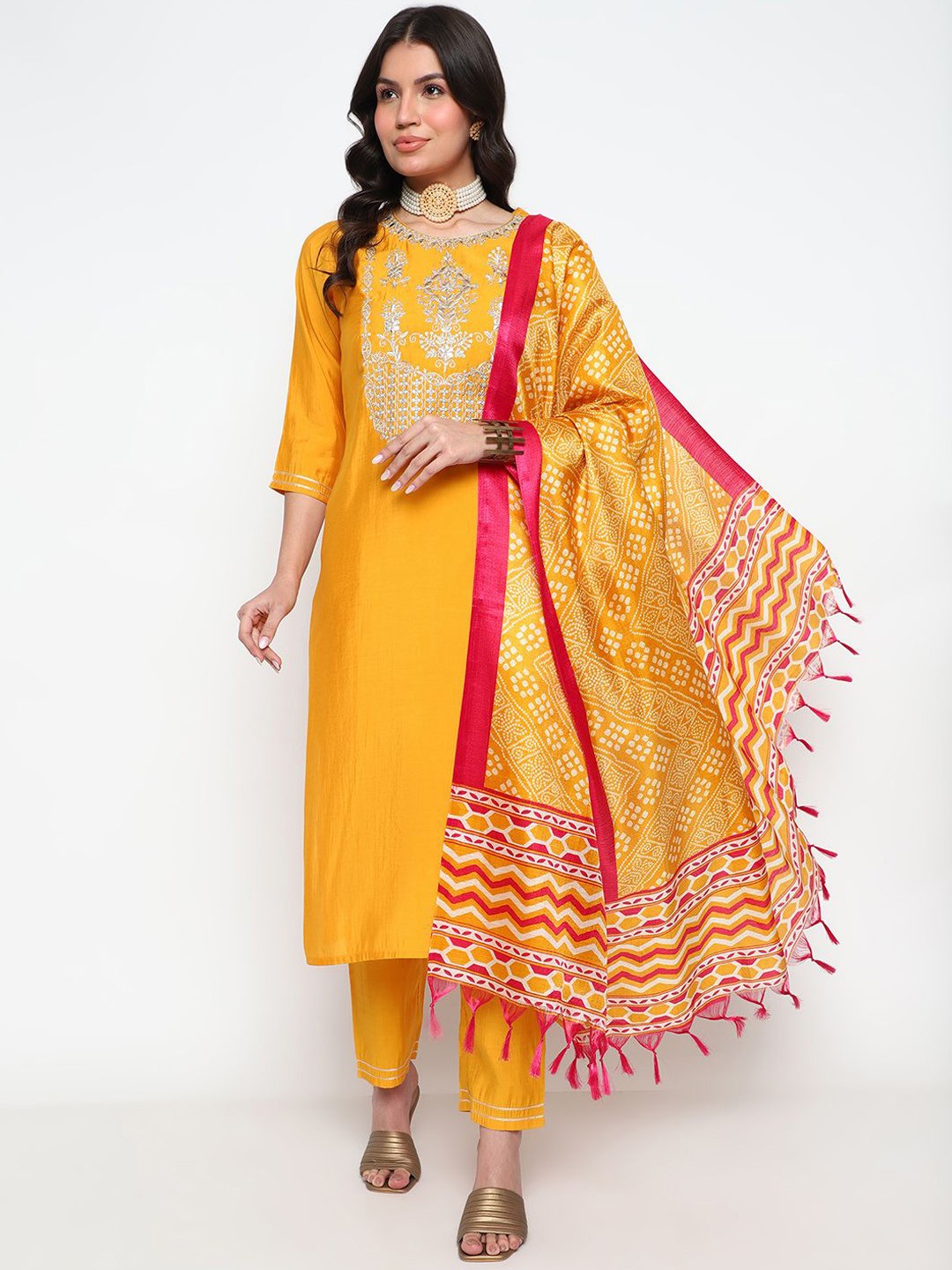 

KALINI Gotta Patti Embroidered Chanderi Silk Kurta With Trousers & Dupatta, Yellow