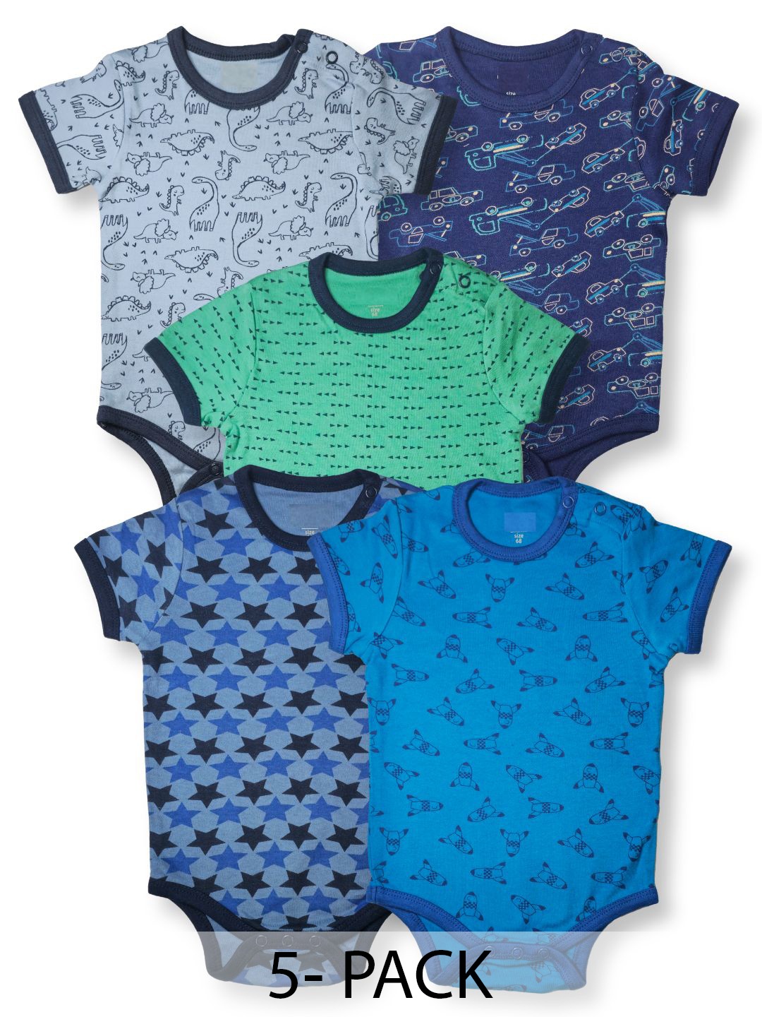 

TuddyBuddy Boys Pack Of 5 Printed Round Neck Rompers, Blue