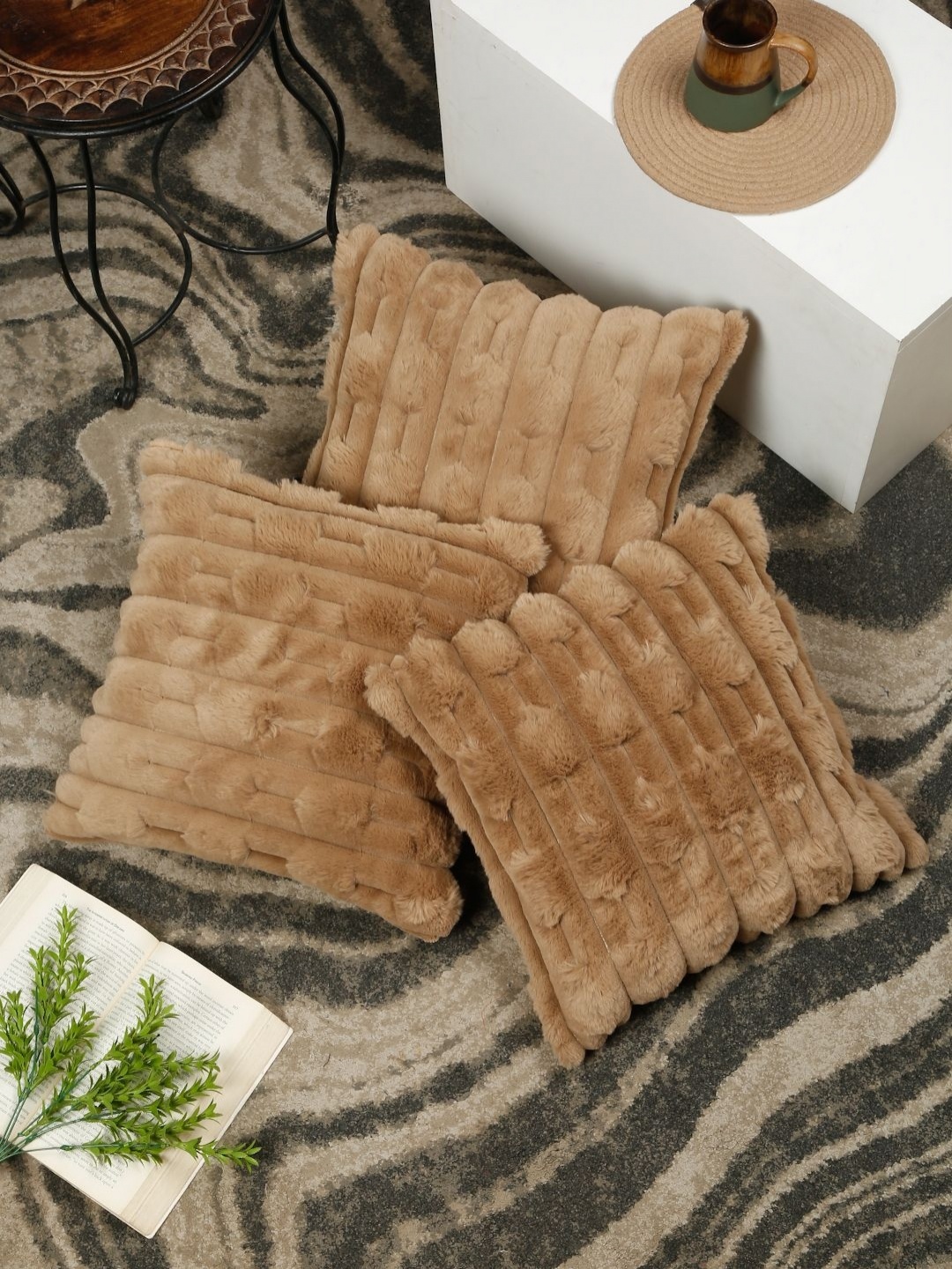 

HOSTA HOMES Brown 3 Pieces Textured Fur Square Cushion