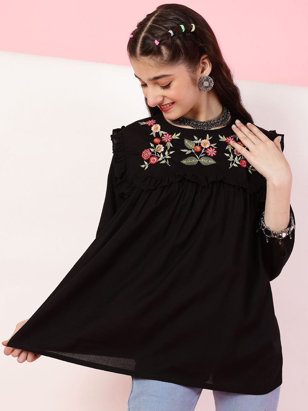 

Miss & Chief Floral Embroidered Top, Black