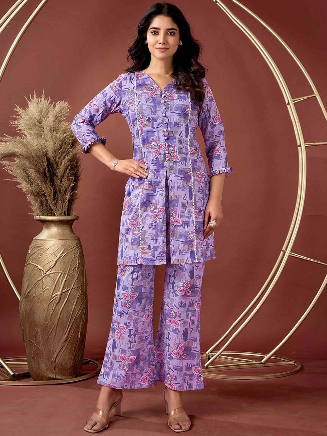

Peachmode Floral Printed Pure Cotton Tunic With Trouser, Purple