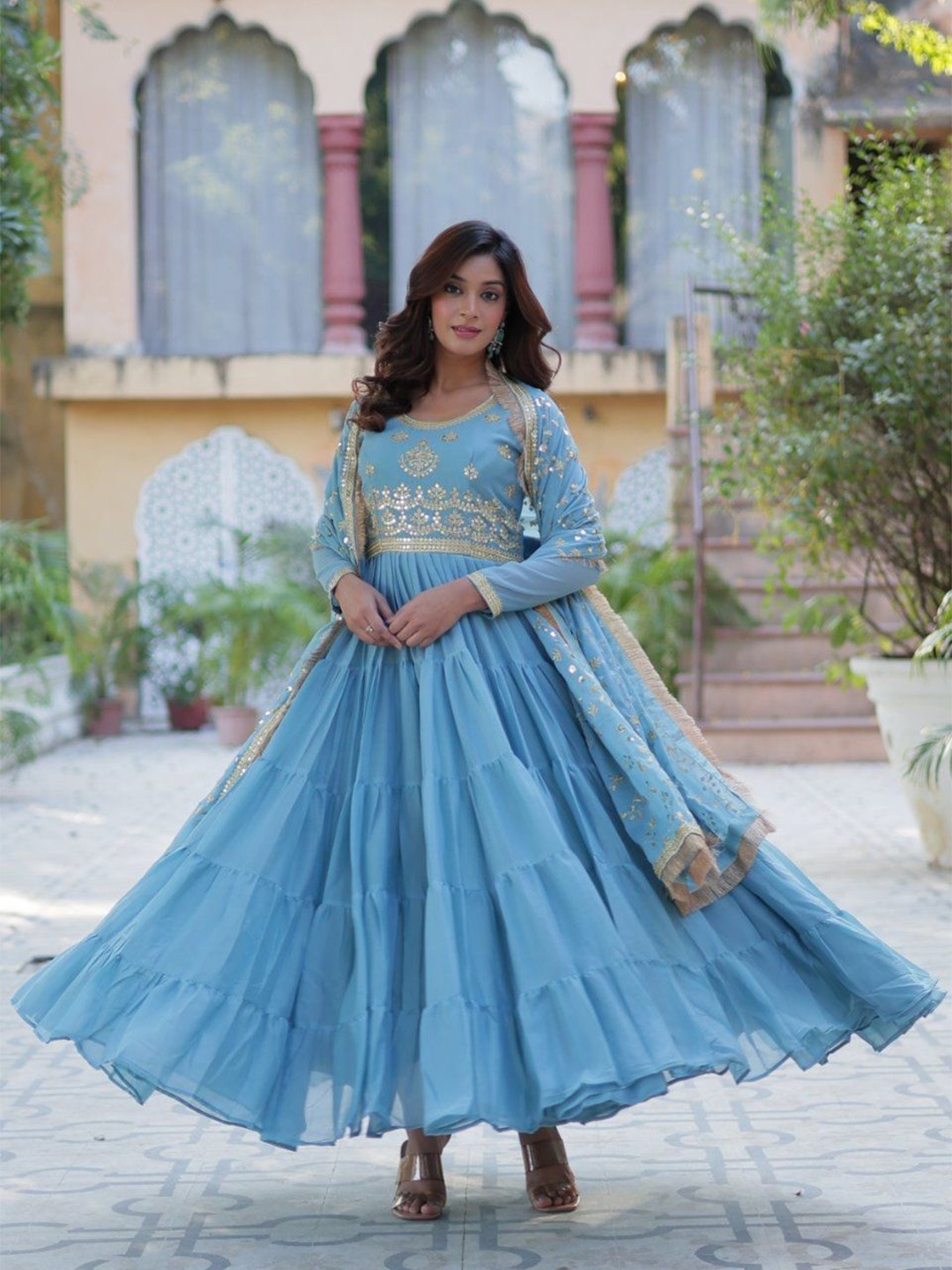 

Tilton Georgette Embroidered Sequined Tiered Ethnic Dress with Dupatta, Blue