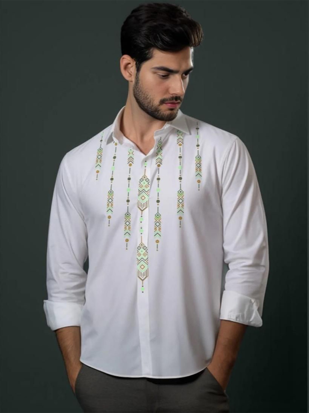 

HE SPOKE Men Smart Tailored Fit Opaque Printed Casual Shirt, White