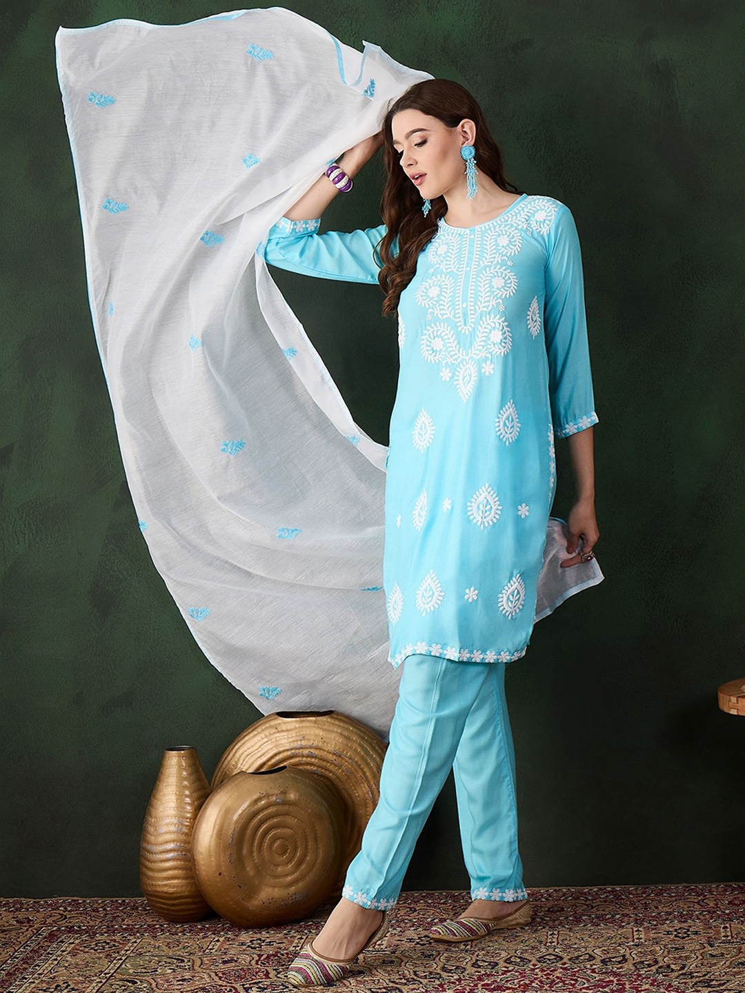 

Maroosh Floral Embroidered Round Neck Straight Kurta With Trousers & Dupatta, Blue