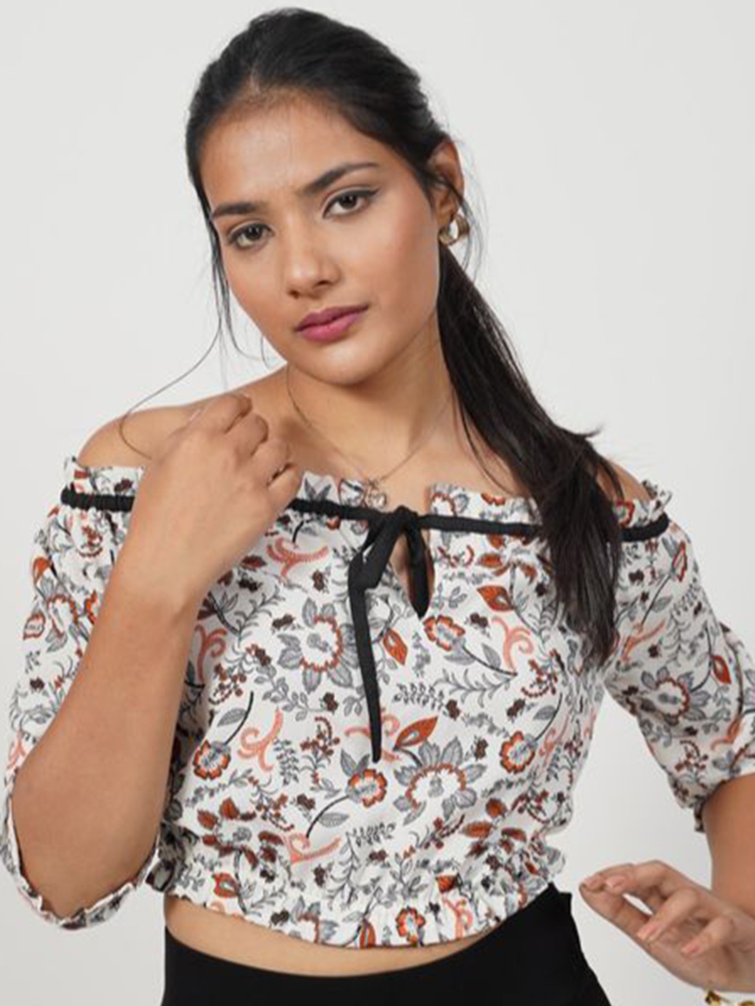 

XOXO Cherry Floral Print Off-Shoulder Bardot Top, Off white