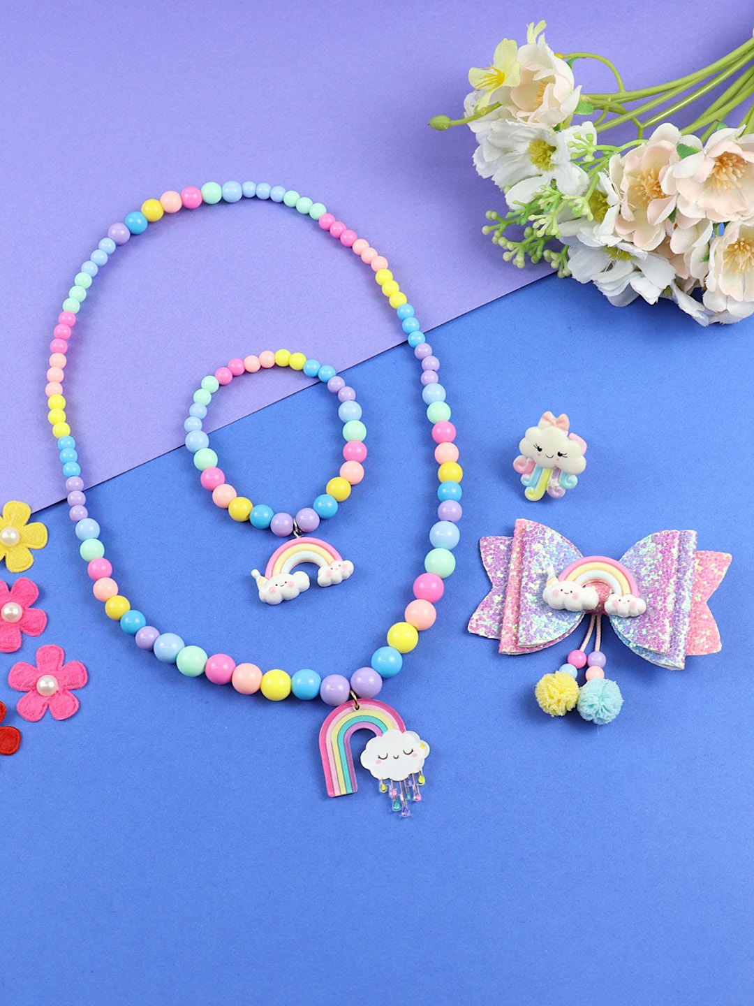 

Asthetika Kids Girls Rainbow Charm Beaded Necklace Bracelet & Ring With Hair Clip Set, Yellow