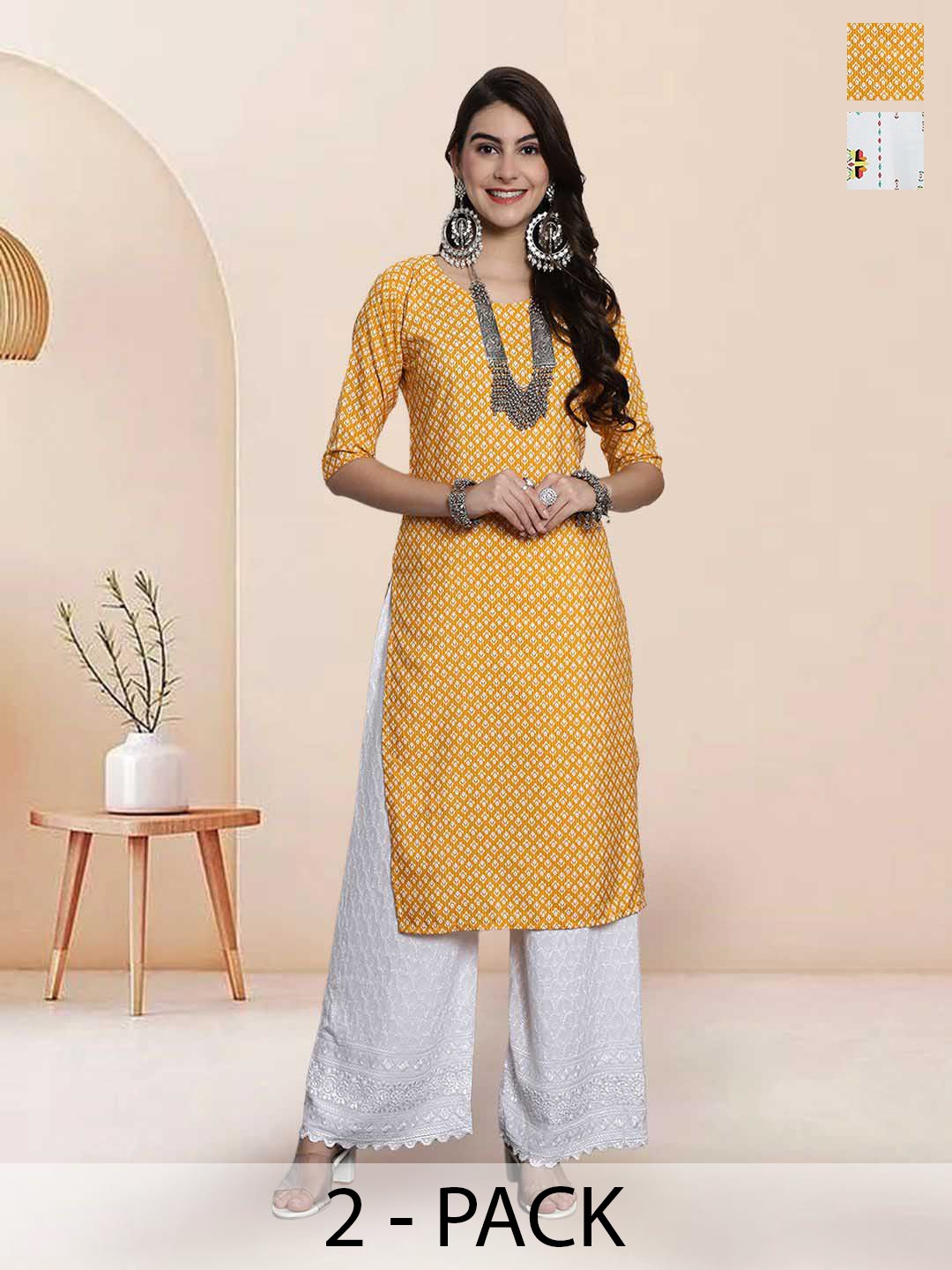 

7Threads Selection Of 2 Floral Printed Round Neck Kurtas, Yellow