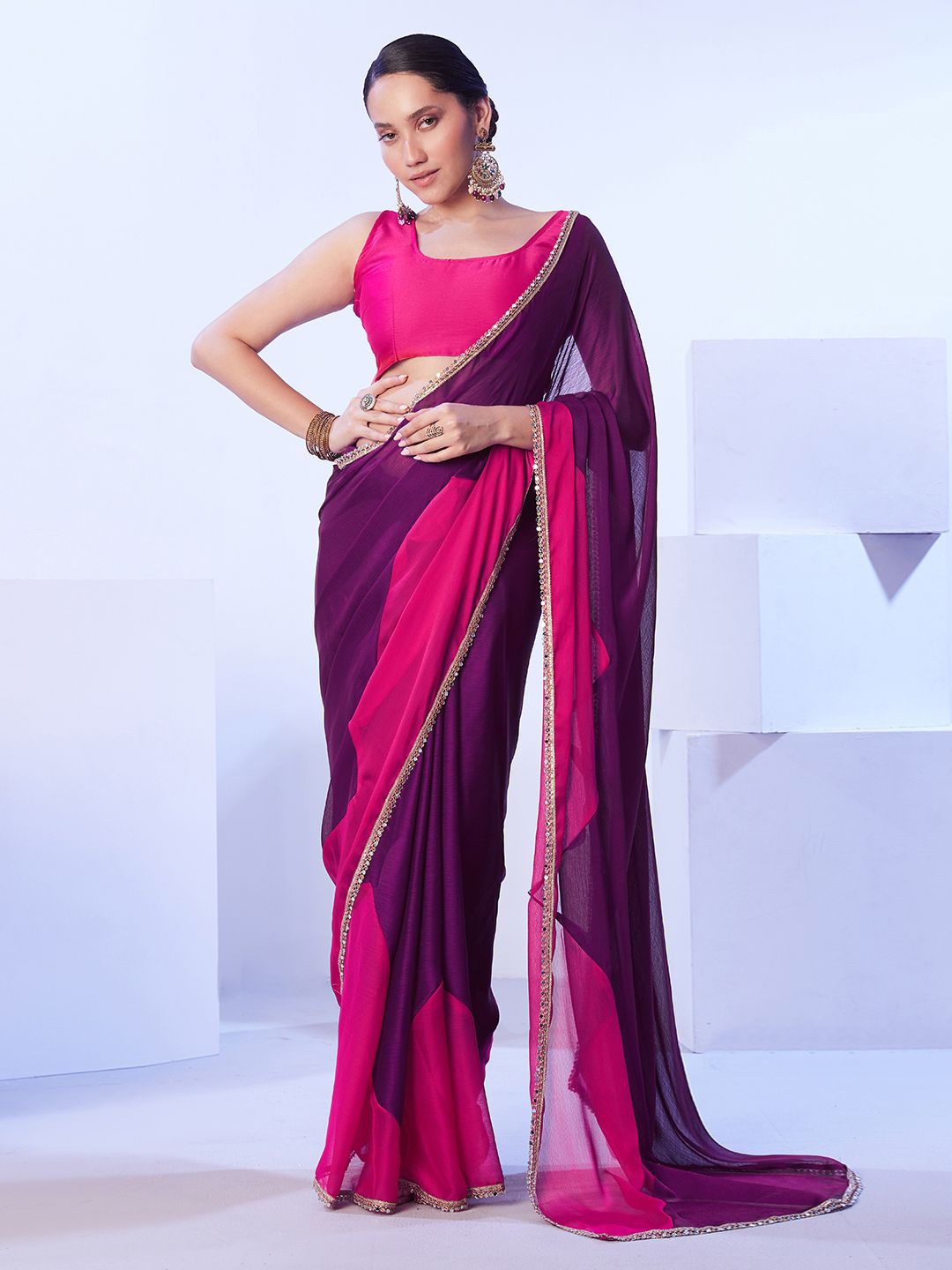 

Kalista Mirror Work Embellished Pure Chiffon Saree, Pink