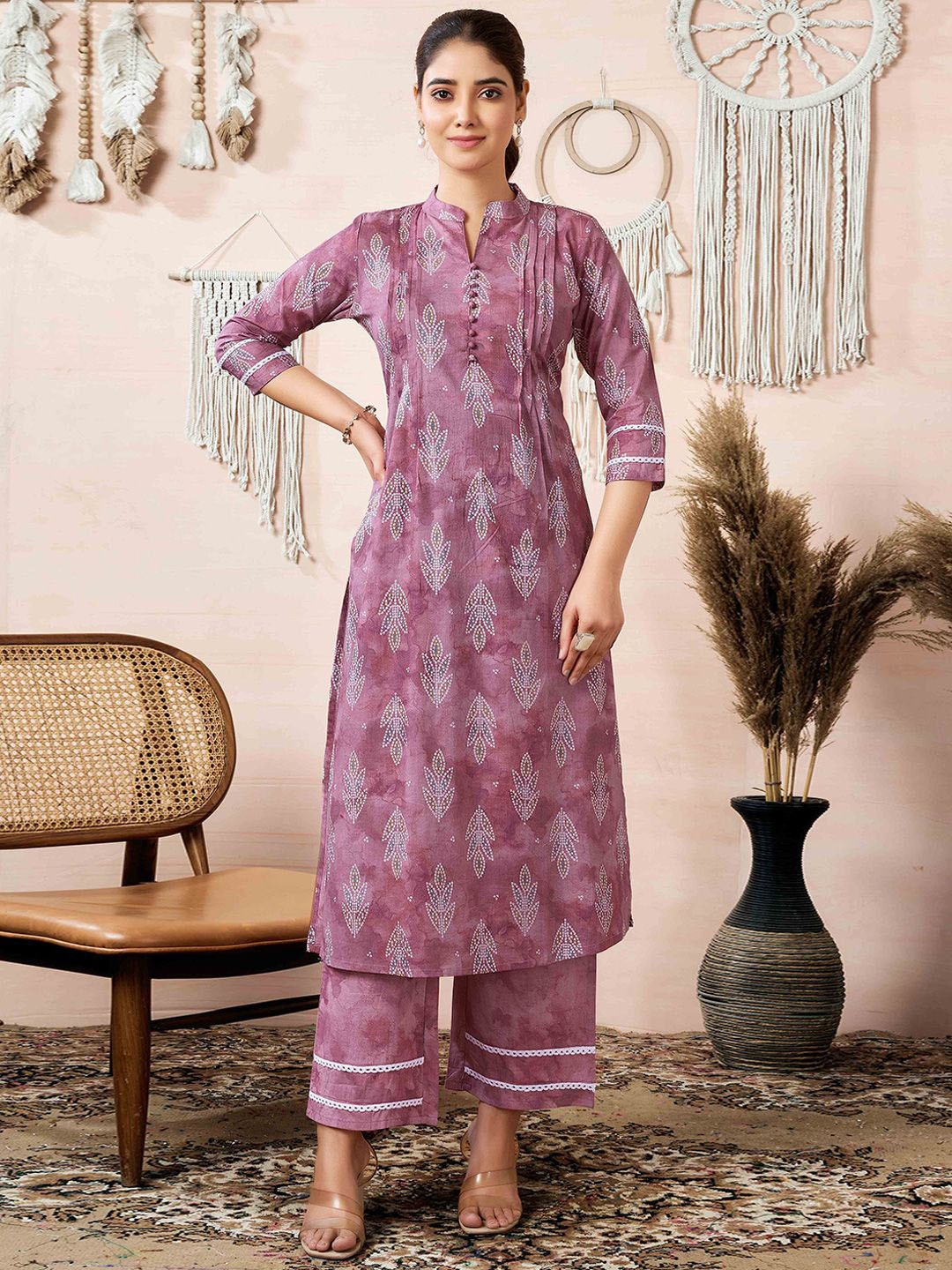 

Peachmode Bandhani Printed Mandarin Collar Pure Cotton Straight Kurta With Palazzos, Mauve