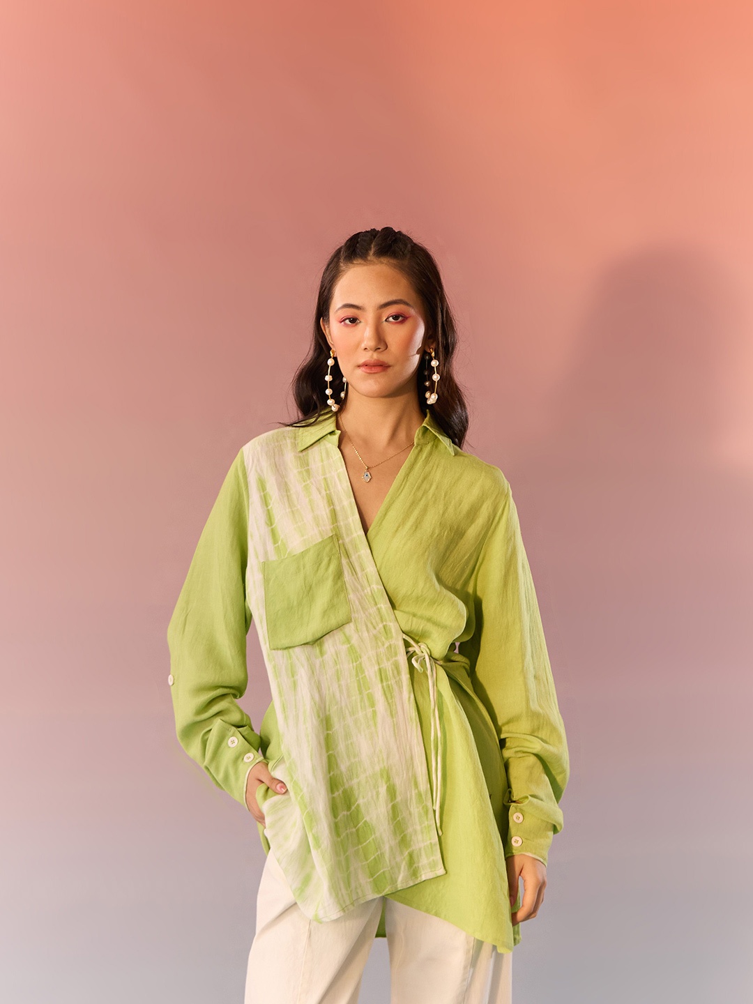 

Western Era Floral Print Kimono Sleeve Linen Wrap Top, Lime green
